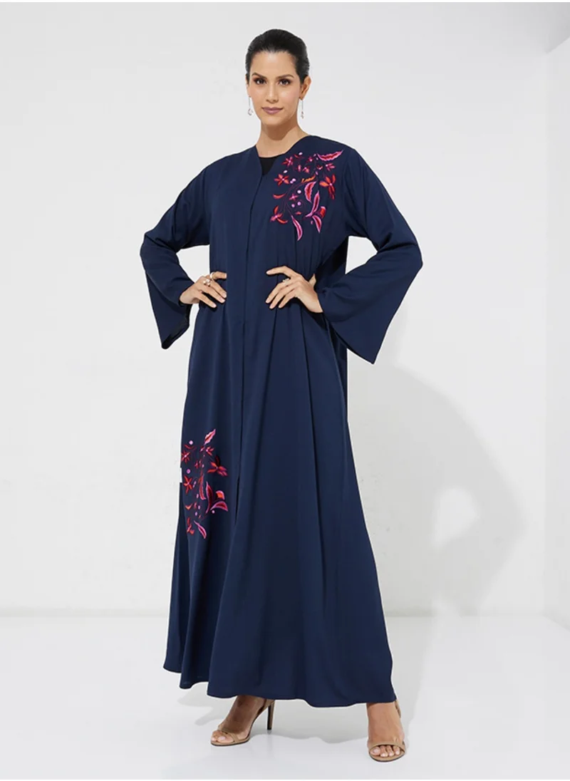 Rosette Abaya Embroidered Wide Sleeves Abaya
