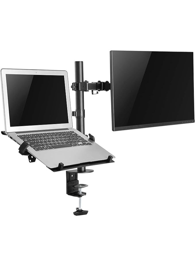 Dual Monitor Arm with Laptop Tray – Adjustable Desk Mount for Screens up to 32 Inch and 8 kg Each – Steel Alloy Construction with Laptop Holder – Black - Image 1