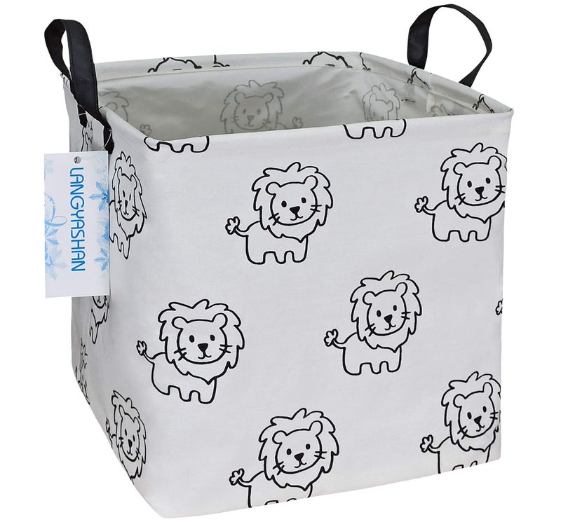 LANGYASHAN Square Storage Baskets Waterproof Canvas Children Laundry Nursery Hamper for Shelves Gift Baskets Toy Organizer Room DecorLion