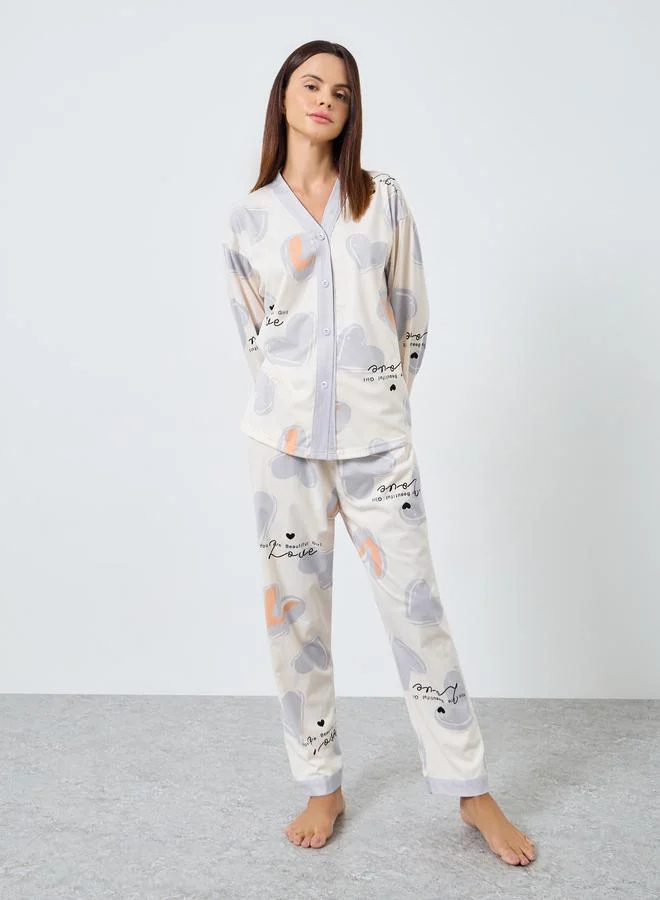 Styli Styli Heart Print Button Placket Shirt and Pyjama Set