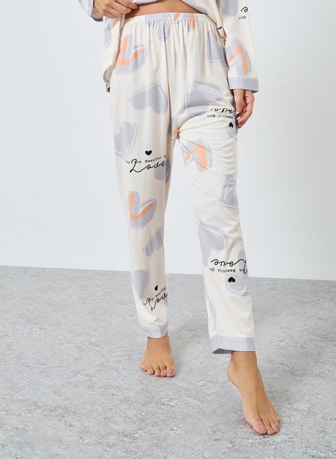 Styli Heart Print Button Placket Shirt and Pyjama Set - Image 4