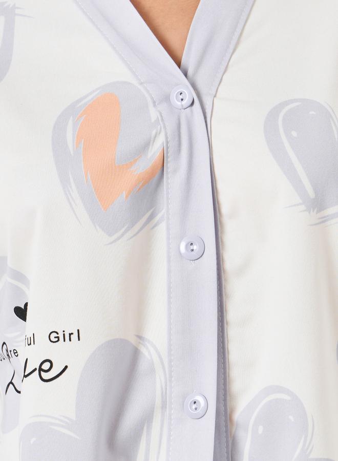 Styli Heart Print Button Placket Shirt and Pyjama Set - Image 3