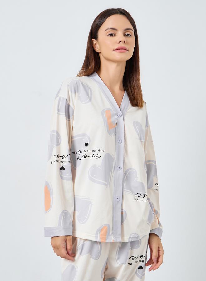 Styli Heart Print Button Placket Shirt and Pyjama Set - Image 2