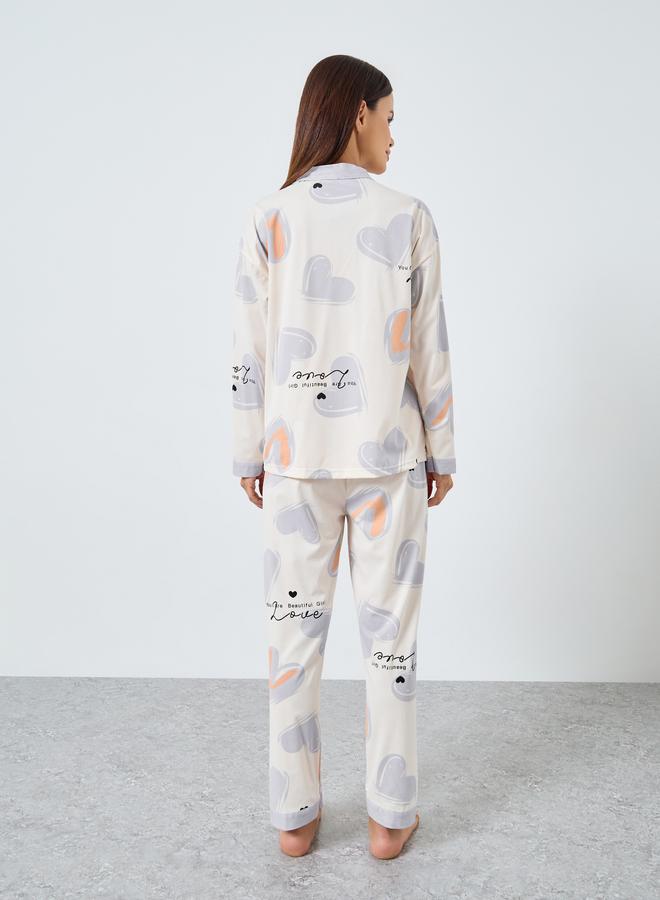 Styli Heart Print Button Placket Shirt and Pyjama Set - Image 5