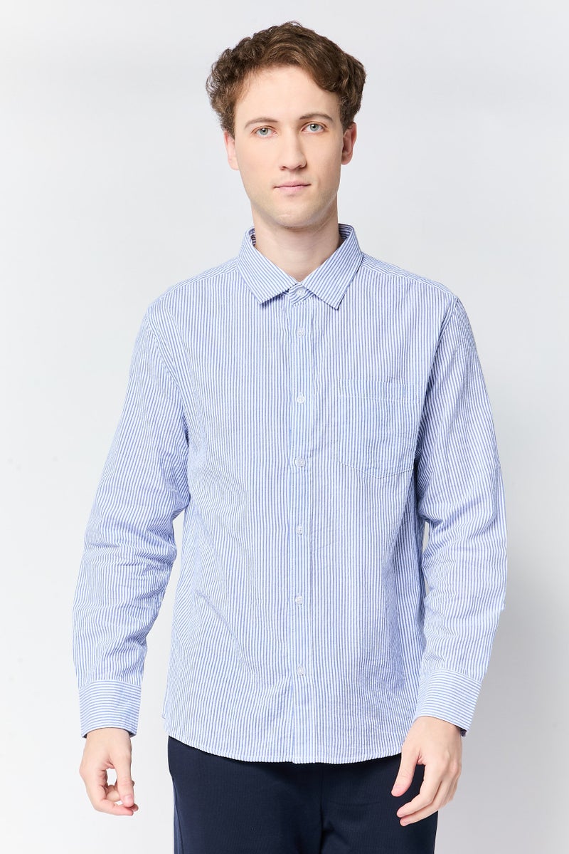 NAUTICA Men Regular Fit Stripe Long Sleeve Casual Shirt, Light Blue - Image 1