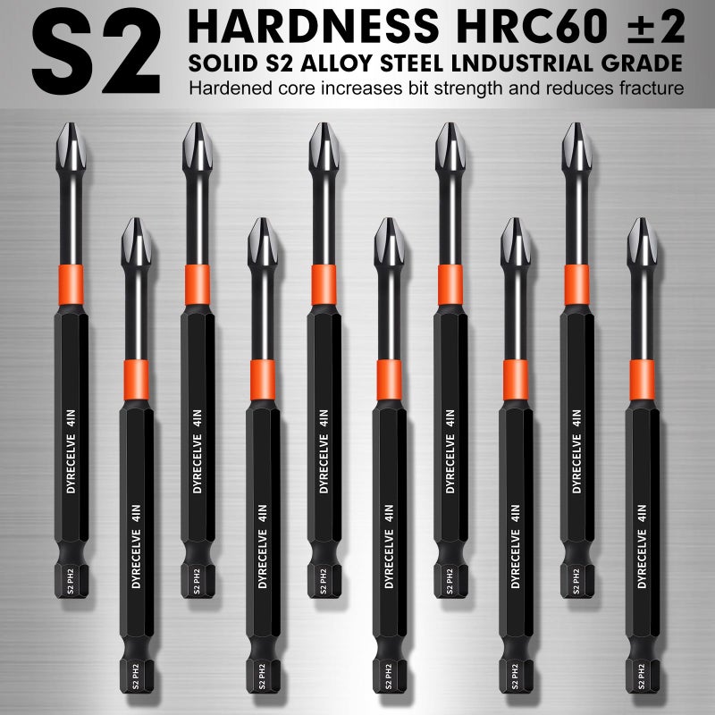 DYRECELVE 10-Pack Phillips Bits #2 Impact, 4-Inch Long Magnetic Phillips Head Drill & Screwdriver Bits, PH2 Premium S2 Steel 1/4" Hex Shank for Impact Drivers, Professional & DIY Use - Image 3