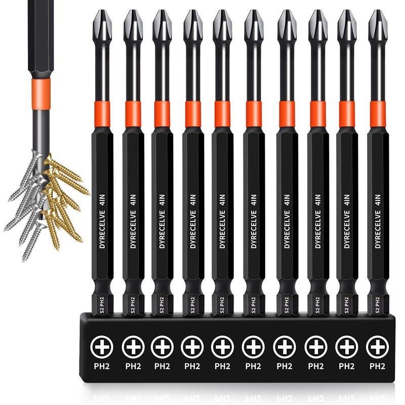 DYRECELVE 10-Pack Phillips Bits #2 Impact, 4-Inch Long Magnetic Phillips Head Drill & Screwdriver Bits, PH2 Premium S2 Steel 1/4" Hex Shank for Impact Drivers, Professional & DIY Use - Image 1
