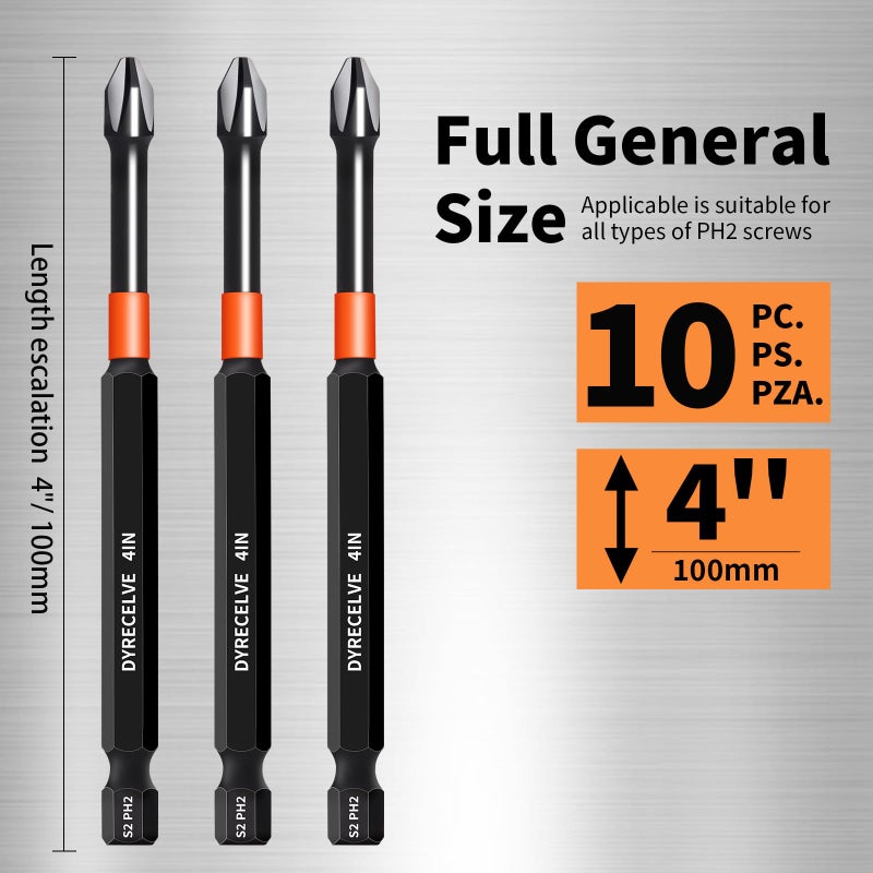 DYRECELVE 10-Pack Phillips Bits #2 Impact, 4-Inch Long Magnetic Phillips Head Drill & Screwdriver Bits, PH2 Premium S2 Steel 1/4" Hex Shank for Impact Drivers, Professional & DIY Use - Image 2