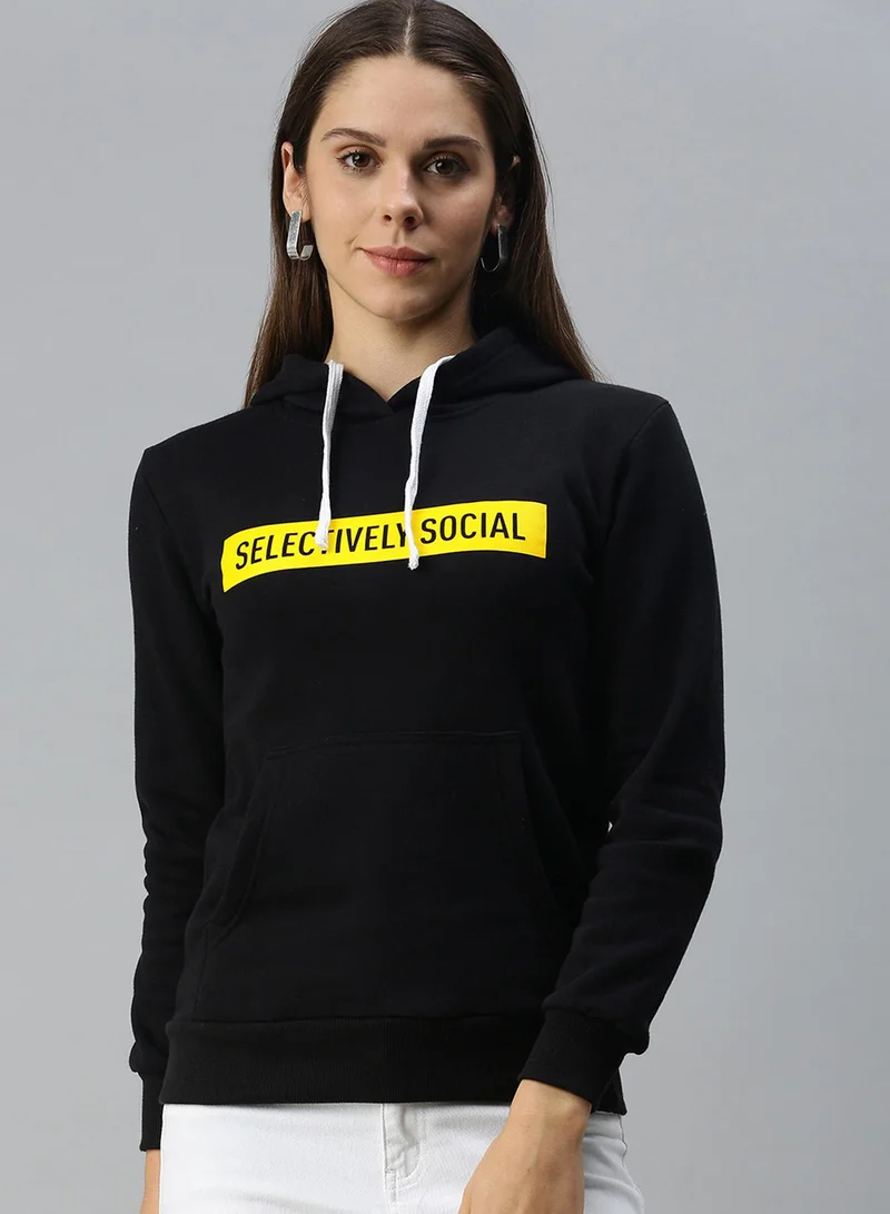 Campus Sutra Women's Onyx Black Selectively-Social Print Pullover Hoodie