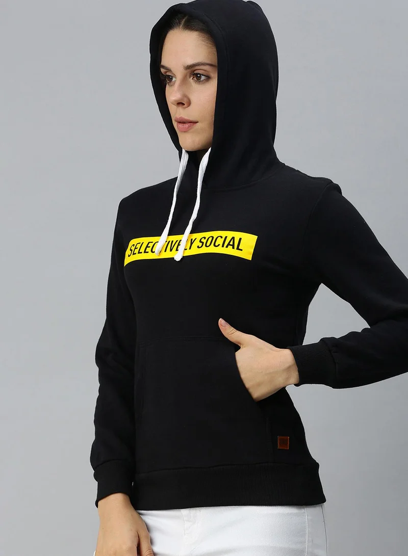 Campus Sutra Women's Onyx Black Selectively-Social Print Pullover Hoodie