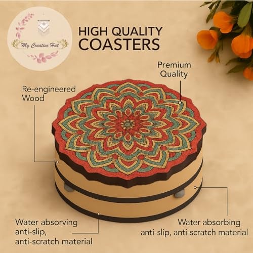 My Creative Hut Tea Coasters Set of 6, Beautiful Design with Stand for Tea Cups, Coffee Mugs, and Glasses, Ideal for Diwali Gifting (Red Mandala) - Image 3