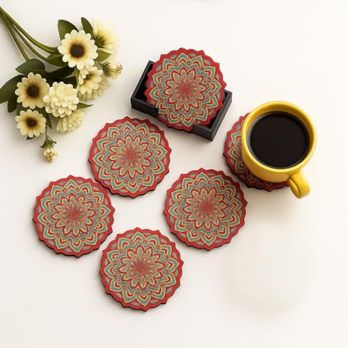 My Creative Hut Tea Coasters Set of 6, Beautiful Design with Stand for Tea Cups, Coffee Mugs, and Glasses, Ideal for Diwali Gifting (Red Mandala) - Image 1