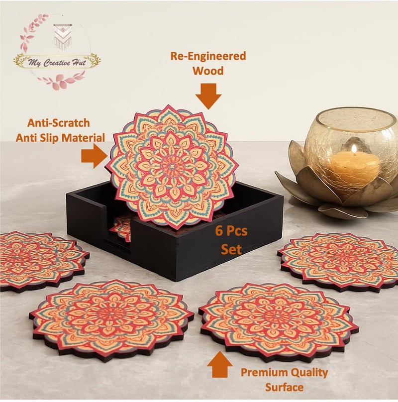 My Creative Hut Tea Coasters Set of 6, Beautiful Design with Stand for Tea Cups, Coffee Mugs, and Glasses, Ideal for Diwali Gifting (Red Mandala) - Image 4