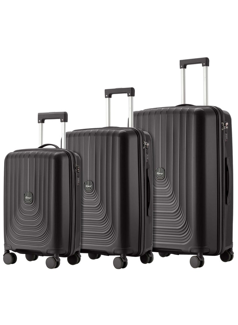 Unisex PP Fashion Trolley Luggage Set Lightweight Hard-Shell Spinner luggage with 360° Degree 4 Twin Wheel and Safe Zippers KH1009 Black