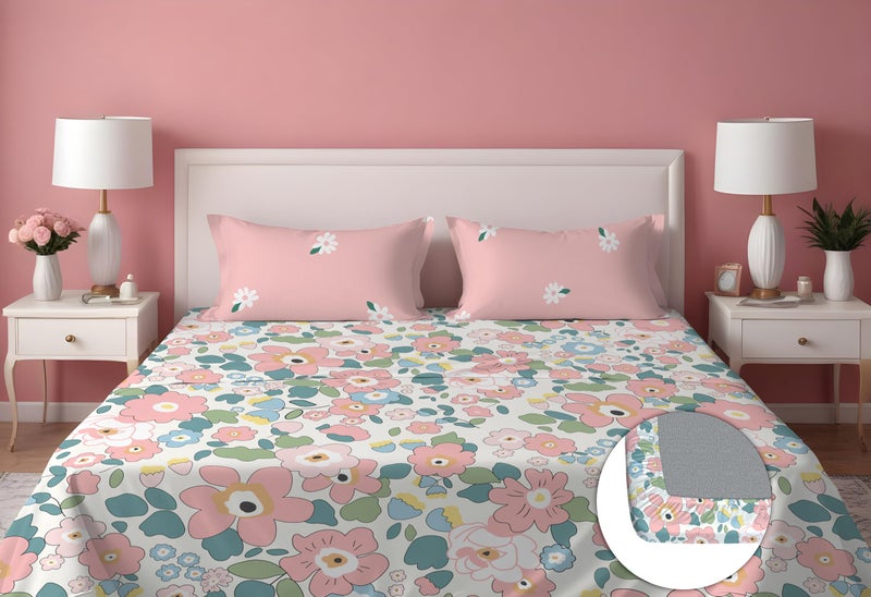 DREAMLET Premium Glace Cotton Elastic Fitted Bedsheets with 2 Full Size Pillow Covers Double Bedsheet with All Around Elastic Supersoft 160TC Size 90×100 inches(Pink Floral Multi) - Image 1