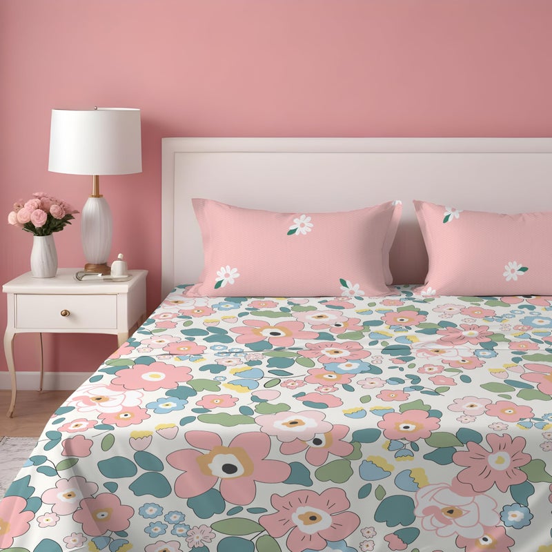 DREAMLET Premium Glace Cotton Elastic Fitted Bedsheets with 2 Full Size Pillow Covers Double Bedsheet with All Around Elastic Supersoft 160TC Size 90×100 inches(Pink Floral Multi) - Image 2