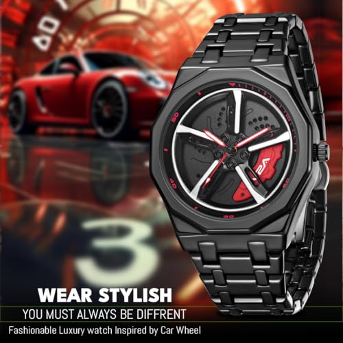 V2A Vortex Men's Spinning Car Wheels Watch for Men– Octagonal Alloy Case with Stainless Steel Band | Analog Timepiece | Bold Sports Watch for Car Enthusiasts in Black-red - Image 3