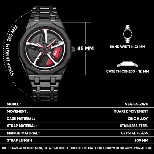 V2A Vortex Men's Spinning Car Wheels Watch for Men– Octagonal Alloy Case with Stainless Steel Band | Analog Timepiece | Bold Sports Watch for Car Enthusiasts in Black-red - Image 5