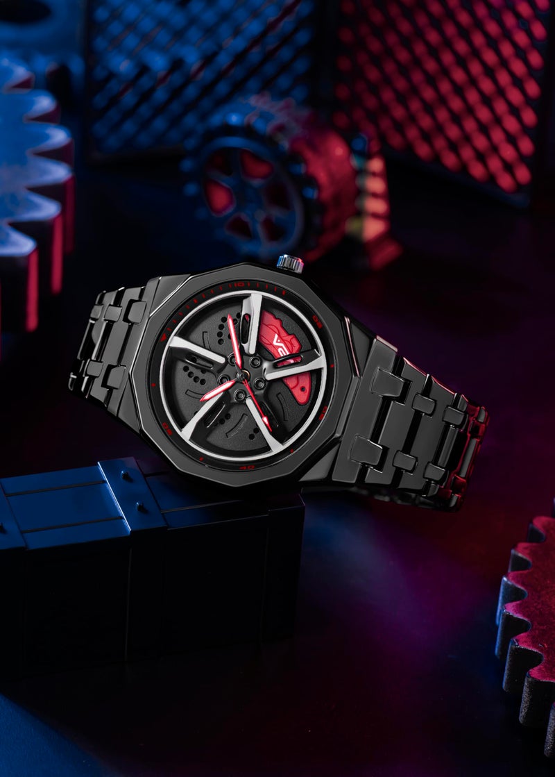 V2A Vortex Men's Spinning Car Wheels Watch for Men– Octagonal Alloy Case with Stainless Steel Band | Analog Timepiece | Bold Sports Watch for Car Enthusiasts in Black-red - Image 2