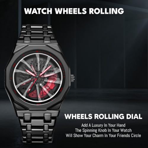 V2A Vortex Men's Spinning Car Wheels Watch for Men– Octagonal Alloy Case with Stainless Steel Band | Analog Timepiece | Bold Sports Watch for Car Enthusiasts in Black-red - Image 4