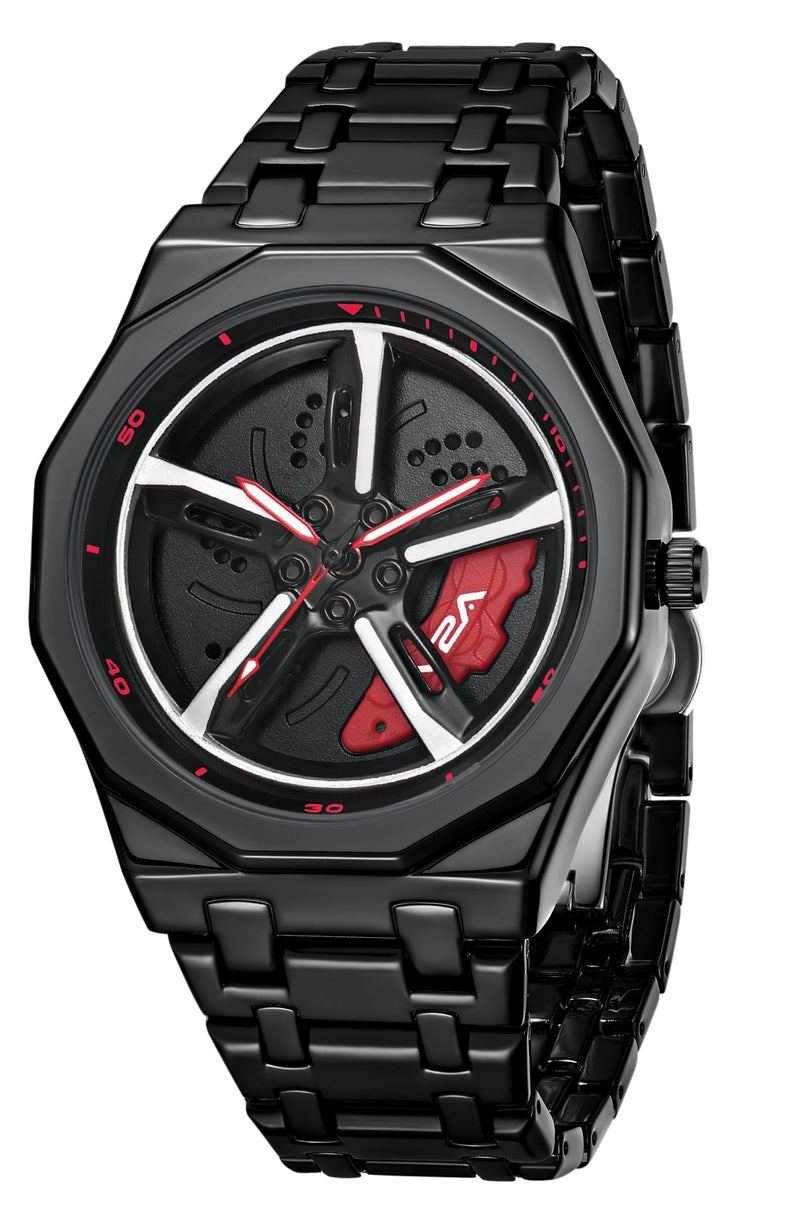 V2A Vortex Men's Spinning Car Wheels Watch for Men– Octagonal Alloy Case with Stainless Steel Band | Analog Timepiece | Bold Sports Watch for Car Enthusiasts in Black-red - Image 1
