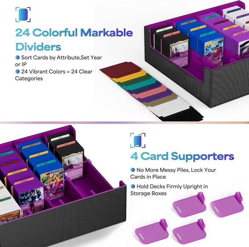 UAONO Card Storage Box for Trading Cards, 2400+ MTG Commander Deck Box With 24pcs Colorful Divider, Card Case Fits for Magic TCG PTCG Game Cards (Black&Purple) - Image 4