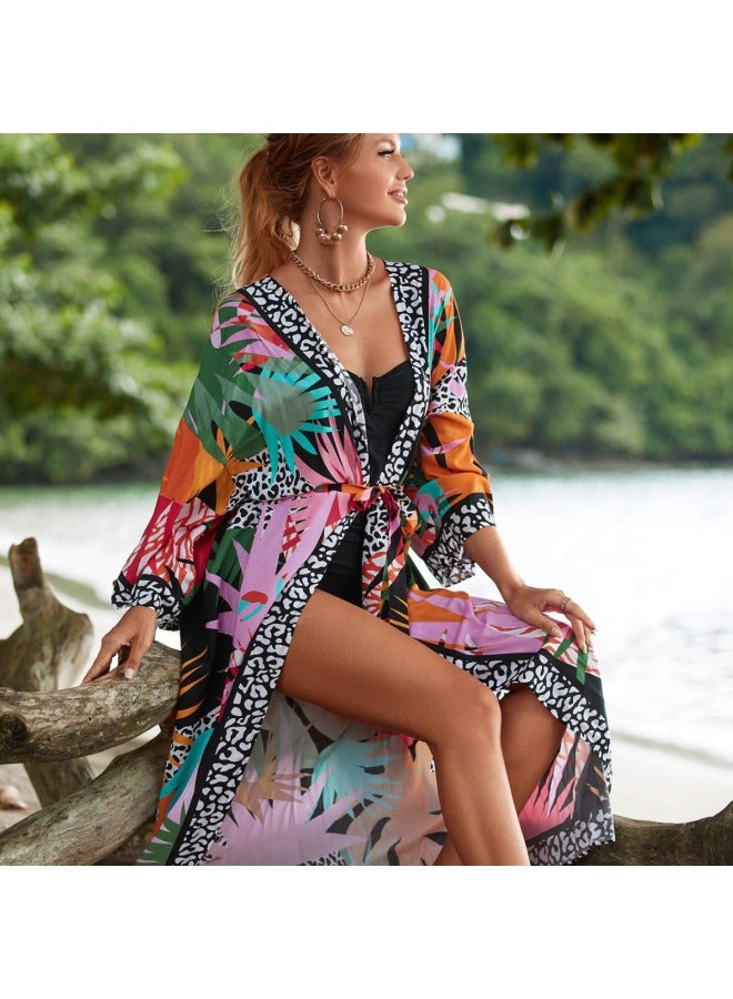 Loquat Cotton Print Cardigan Home Casual Holiday Bikini Beach Blouse With Strap 17 Color 1120-Color:Black Background Color Leaves 7- - Image 2