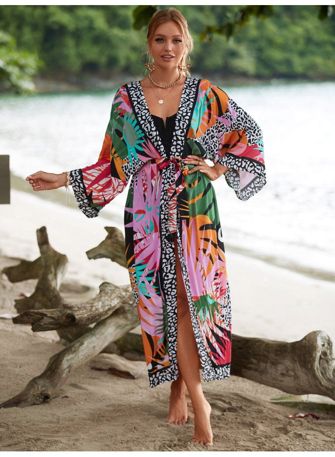 Loquat Cotton Print Cardigan Home Casual Holiday Bikini Beach Blouse With Strap 17 Color 1120-Color:Black Background Color Leaves 7- - Image 1