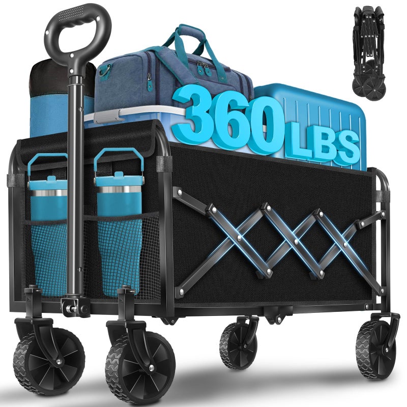 Kovryx Collapsible Wagon Cart with Wheels Foldable: 360LBS Heavy Duty Folding Utility Wagon - Portable All Terrain Grocery Wagon Cart for Groceries Shopping Outdoor Camping Fishing Sports (Dark Black) - Image 1