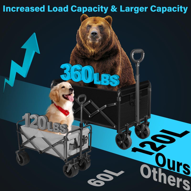 Kovryx Collapsible Wagon Cart with Wheels Foldable: 360LBS Heavy Duty Folding Utility Wagon - Portable All Terrain Grocery Wagon Cart for Groceries Shopping Outdoor Camping Fishing Sports (Dark Black) - Image 5