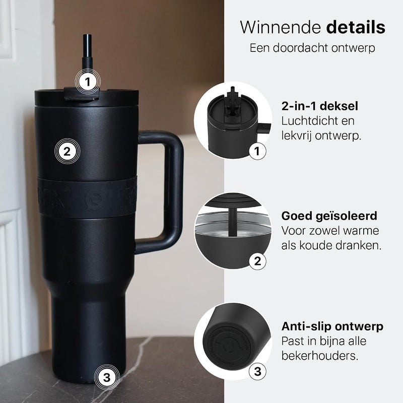 Onyx Drinking Bottle with Straw 1.2 Liter - Water Bottle for Children & Adults - Thermos Cup Stainless Steel Travel Mug - Motivational Drinking Canister - Drinking Cup for School - Black - Image 2