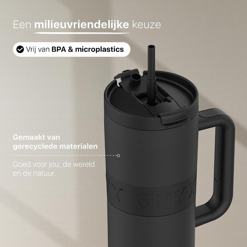 Onyx Drinking Bottle with Straw 1.2 Liter - Water Bottle for Children & Adults - Thermos Cup Stainless Steel Travel Mug - Motivational Drinking Canister - Drinking Cup for School - Black - Image 4