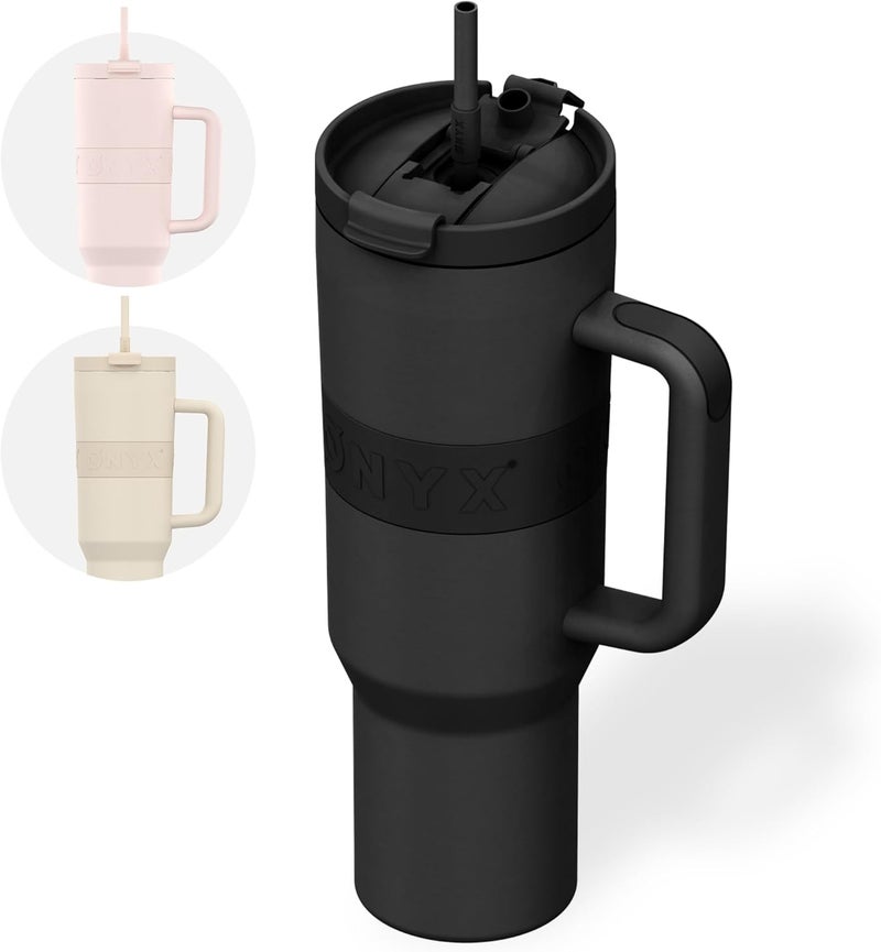 Onyx Drinking Bottle with Straw 1.2 Liter - Water Bottle for Children & Adults - Thermos Cup Stainless Steel Travel Mug - Motivational Drinking Canister - Drinking Cup for School - Black - Image 1