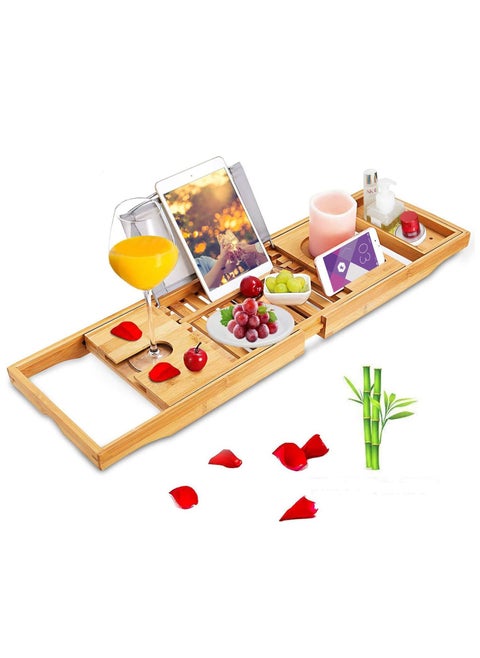 Bamboo Bathtub Caddy Tray, Adjustable Natural Wood Bath Tub Organizer with Cup Placement, Detachable Sliding Tray for Spa, Bathroom, Shower