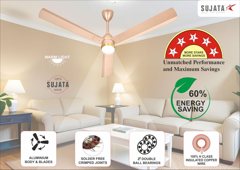 Sujata Premium BLDC Ceiling Fan 1200mm | 3 Years Warranty | Energy Efficient Ceiling fan with light for Living Room, Remote Control BLDC Fans, 5 Star BEE Rated, Slim Air Underlight (Topaz Gold) - Image 4