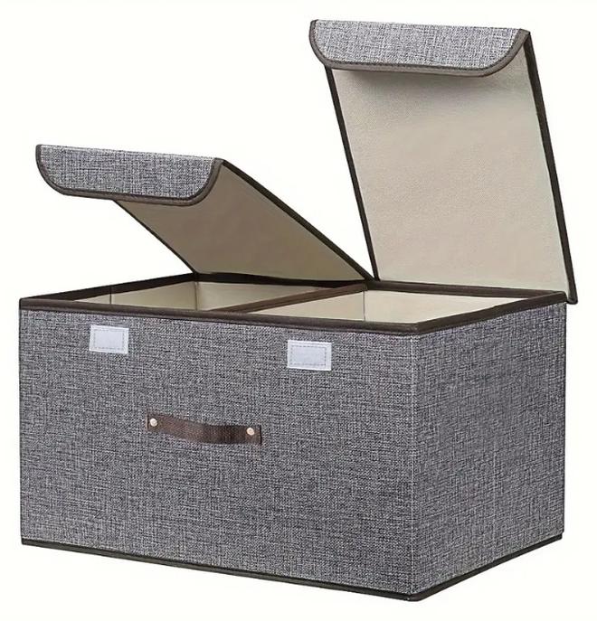 KITCHENOO Large Foldable Linen Storage Box with Lid and Handles, Fabric Organizer Cube with Removable Dividers for Home Bedroom, 50 x 30 x 28cm Random Color - Image 1