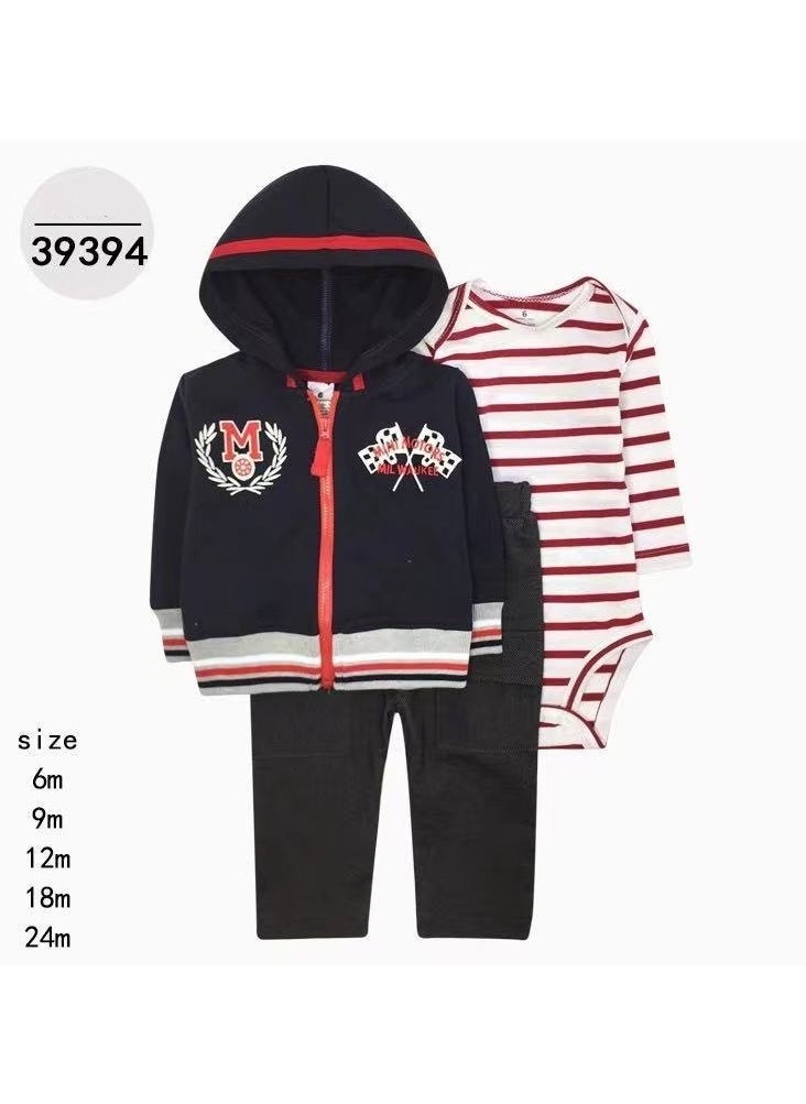 RedMapleTEK Boys And Girls Baby Sweater Jacket Hooded Coat Long-Sleeved Jumpsuit Baby Three-Piece Set - Image 1