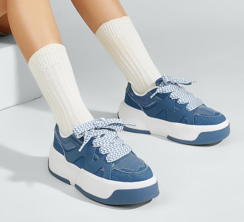 LUCKY STEP Women’s Platform Fashion Sneakers Lace up Casual Faux Leather Comfortable Thick Sole Tennis Walking Shoes (Denim Blue,8 B(M) US) - Image 2