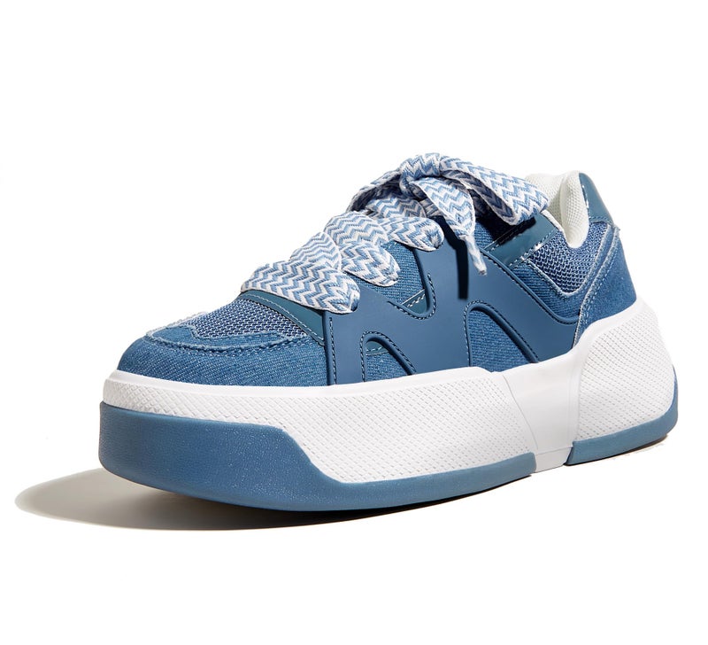 LUCKY STEP Women’s Platform Fashion Sneakers Lace up Casual Faux Leather Comfortable Thick Sole Tennis Walking Shoes (Denim Blue,8 B(M) US) - Image 1
