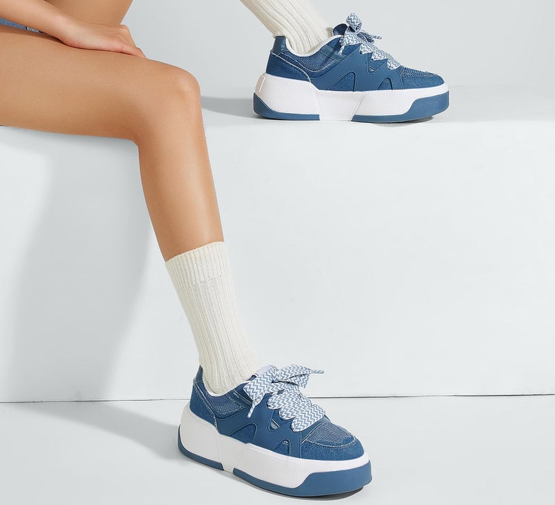 LUCKY STEP Women’s Platform Fashion Sneakers Lace up Casual Faux Leather Comfortable Thick Sole Tennis Walking Shoes (Denim Blue,8 B(M) US) - Image 3
