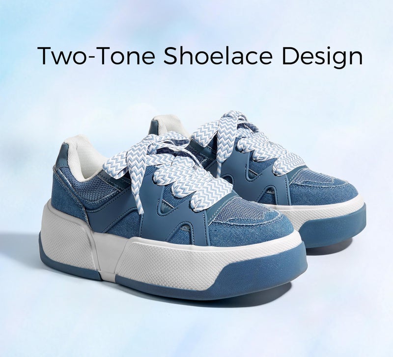 LUCKY STEP Women’s Platform Fashion Sneakers Lace up Casual Faux Leather Comfortable Thick Sole Tennis Walking Shoes (Denim Blue,8 B(M) US) - Image 5