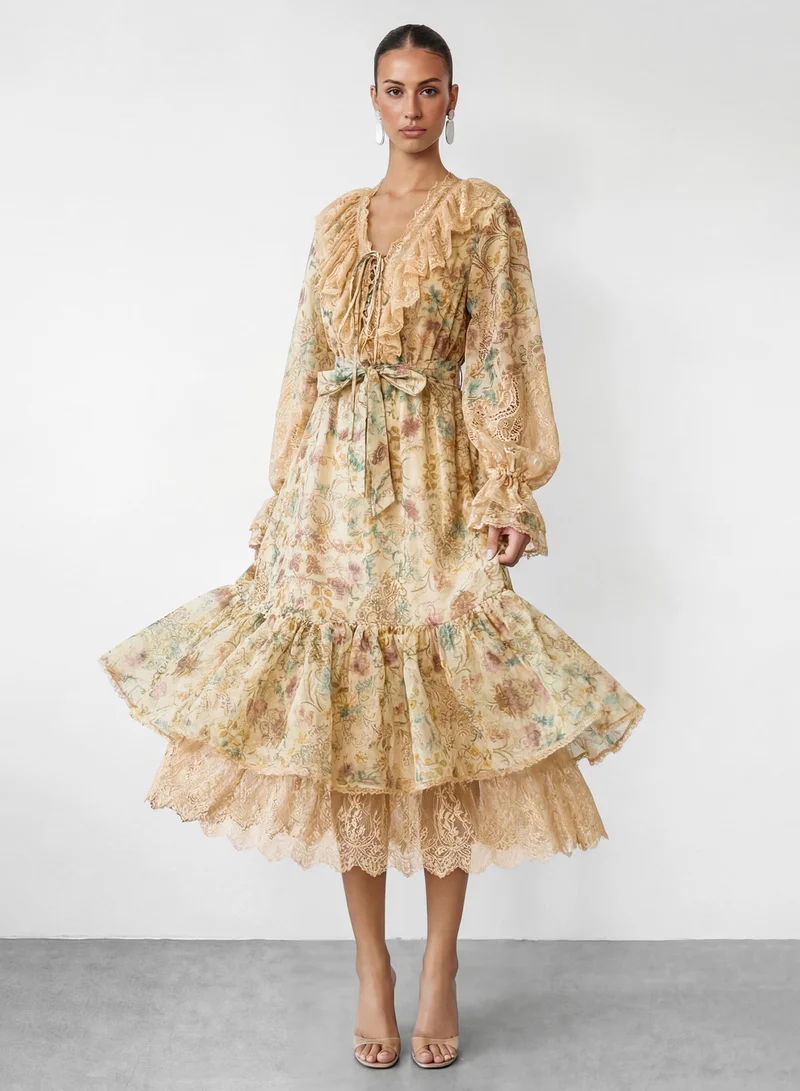 سنفير Dreaming In Color Apricot Floral Print Tiered Maxi Dress