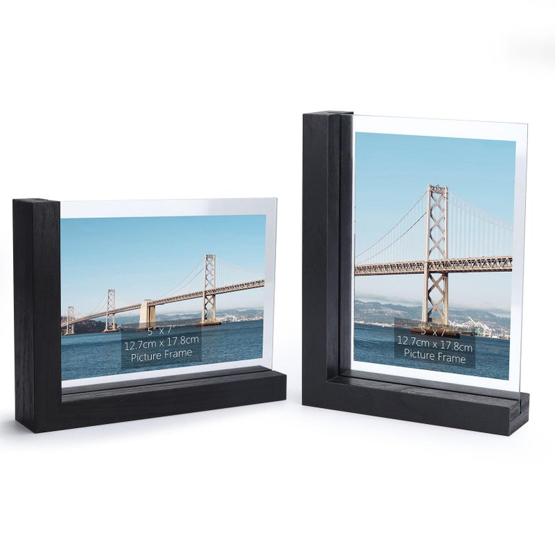 Lavezee 2 Pack 5x7 Picture Frames Made of Black Wooden Lshaped Base with Glass Double Sided Display Photo Pictures 5 by 7 inch Vertical Horizontal for Tabletop Frame