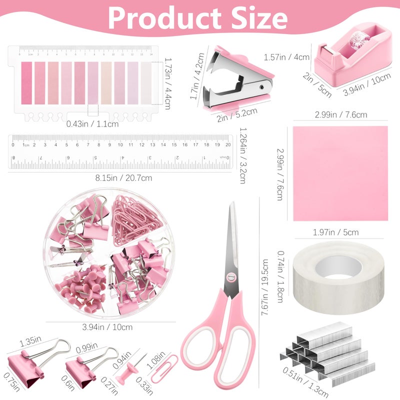Fayoo 11 Pcs Pink Office Supplies Set Mesh Desk Organizer Accessories Kit include Stapler Tape Dispenser Staple Remover Clips Ruler Scissors Sticky Notes for Office School Home Women (Pink) - Image 3