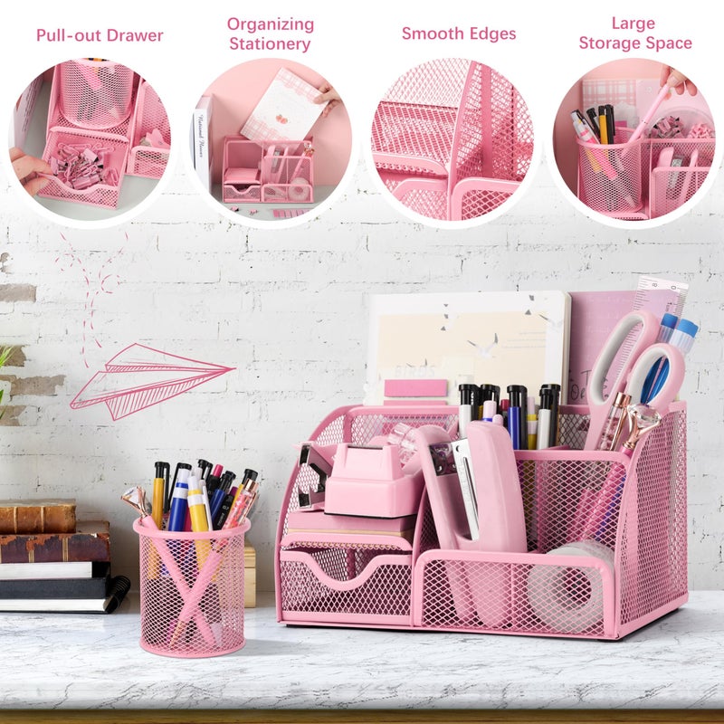 Fayoo 11 Pcs Pink Office Supplies Set Mesh Desk Organizer Accessories Kit include Stapler Tape Dispenser Staple Remover Clips Ruler Scissors Sticky Notes for Office School Home Women (Pink) - Image 5