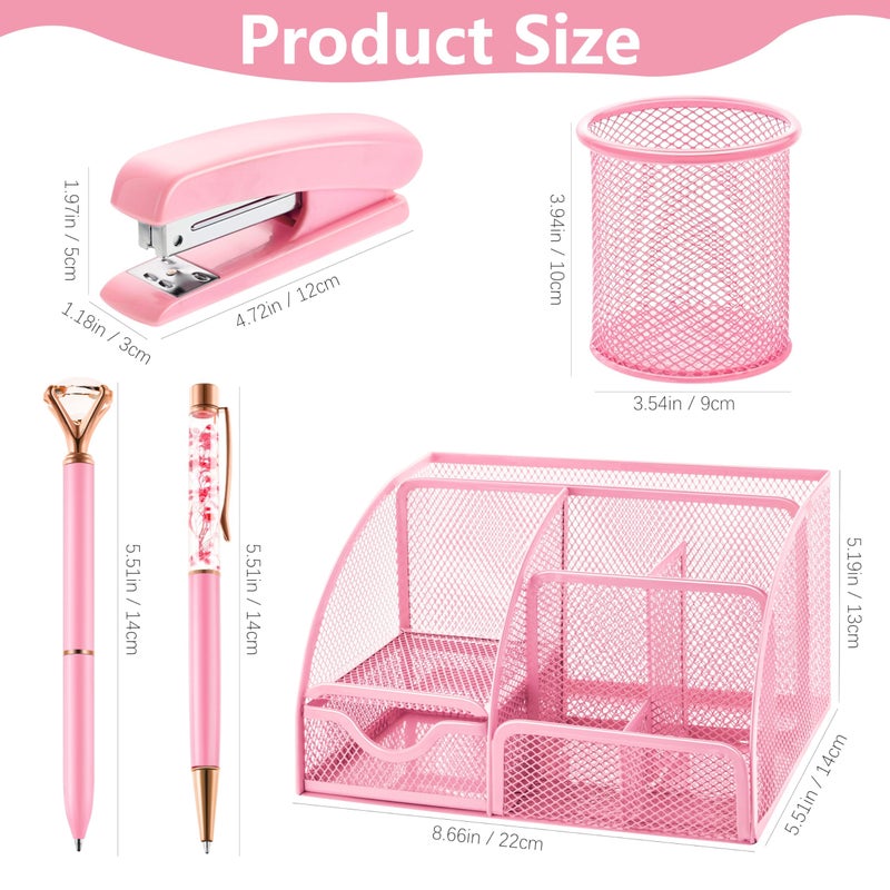 Fayoo 11 Pcs Pink Office Supplies Set Mesh Desk Organizer Accessories Kit include Stapler Tape Dispenser Staple Remover Clips Ruler Scissors Sticky Notes for Office School Home Women (Pink) - Image 2