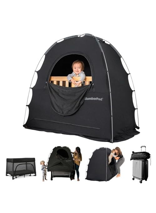 SlumberPod SlumberPod The Original Blackout Sleep Tent Travel Essential for Babies and Toddlers Mini Crib and Pack N Play Cover Sleep Pod for Kids with Monitor Pouch and Fan Pouch Blocks 95 Light Black 