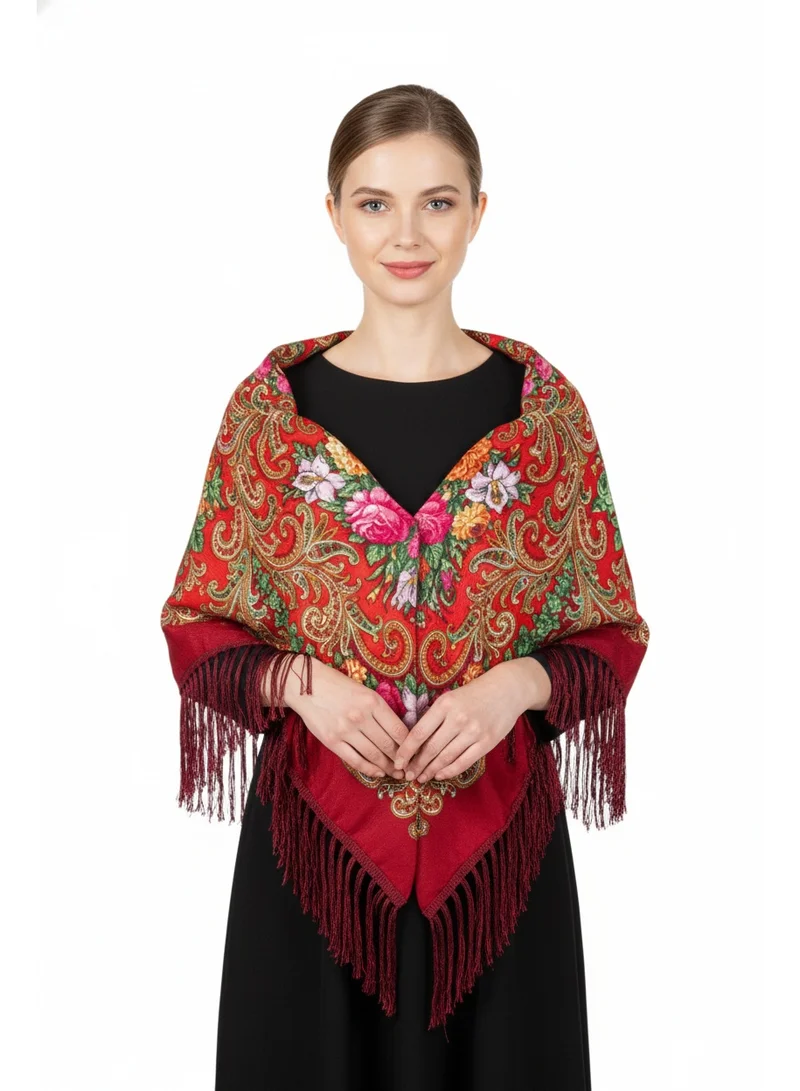 دىدانيالا Elmira Womens Scarves Traditional Eastern European  Square Cotton Long Tassel Print Shawl Red Flowers