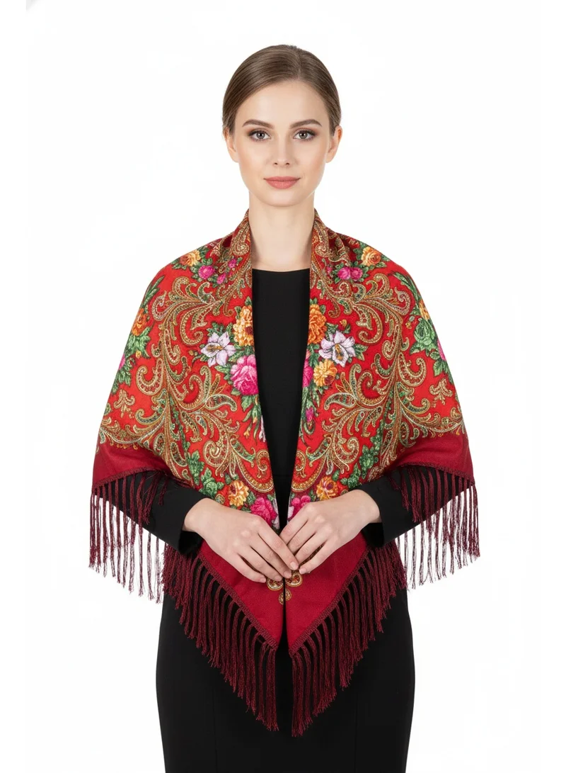 دىدانيالا Elmira Womens Scarves Traditional Eastern European  Square Cotton Long Tassel Print Shawl Red Flowers