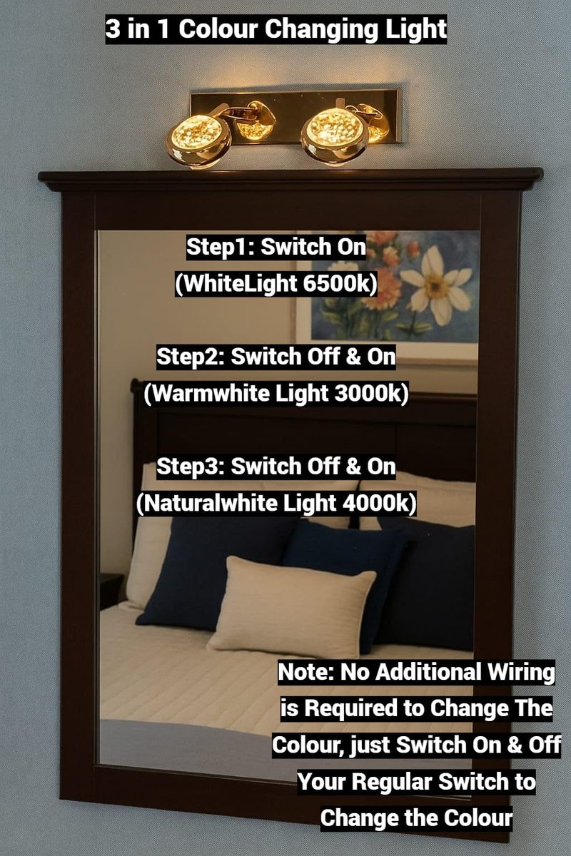 FILLISKA® 3 in 1 Double Wall spot/Picture/Display/Mirror Light with Adjustable Head and Colour Changing Function (Crystal Gold-6518)(1 Year Warranty) - Image 2
